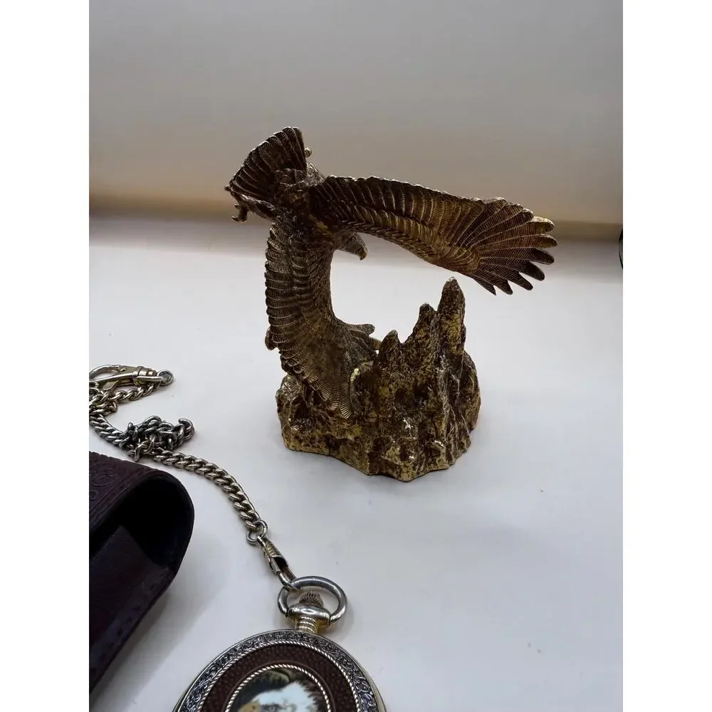 VTG Franklin Mint Bald Eagle Pocket Watch by Ted Blaylock Stand, Chain & Pouch